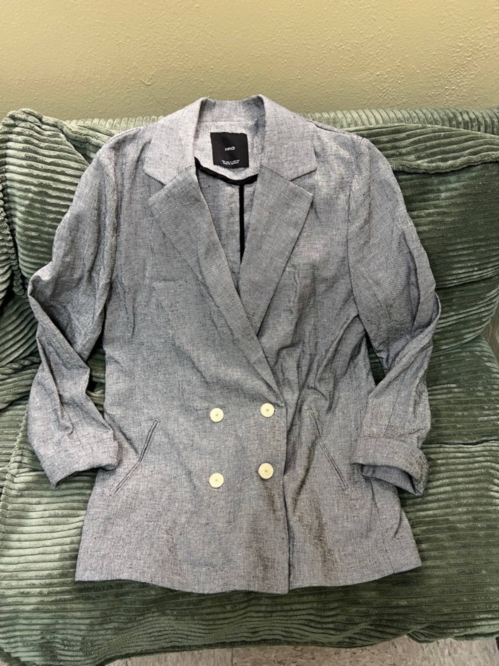 Mango Linen Women’s Double-Breasted Gray Blazer Jacket